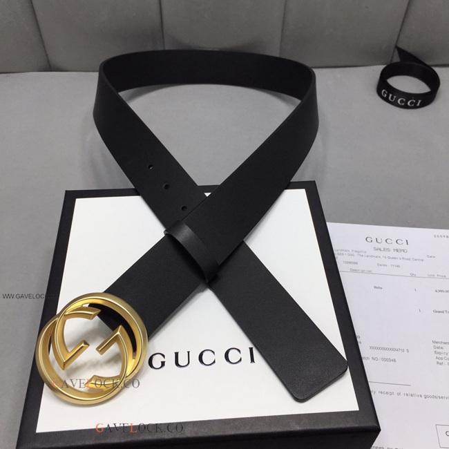 Gucci Leather Men's Belt Gold Interlocking GG Buckle w Box